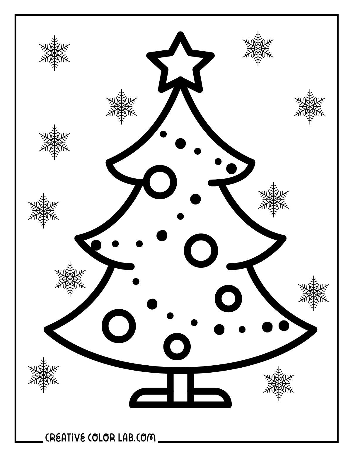 Simple christmas tree coloring page for kids with snowflakes.