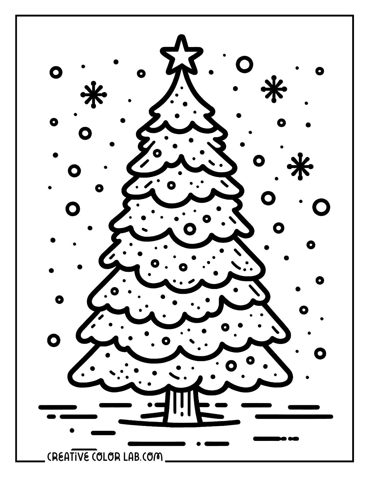 Snow covered pine tree coloring page for adults.