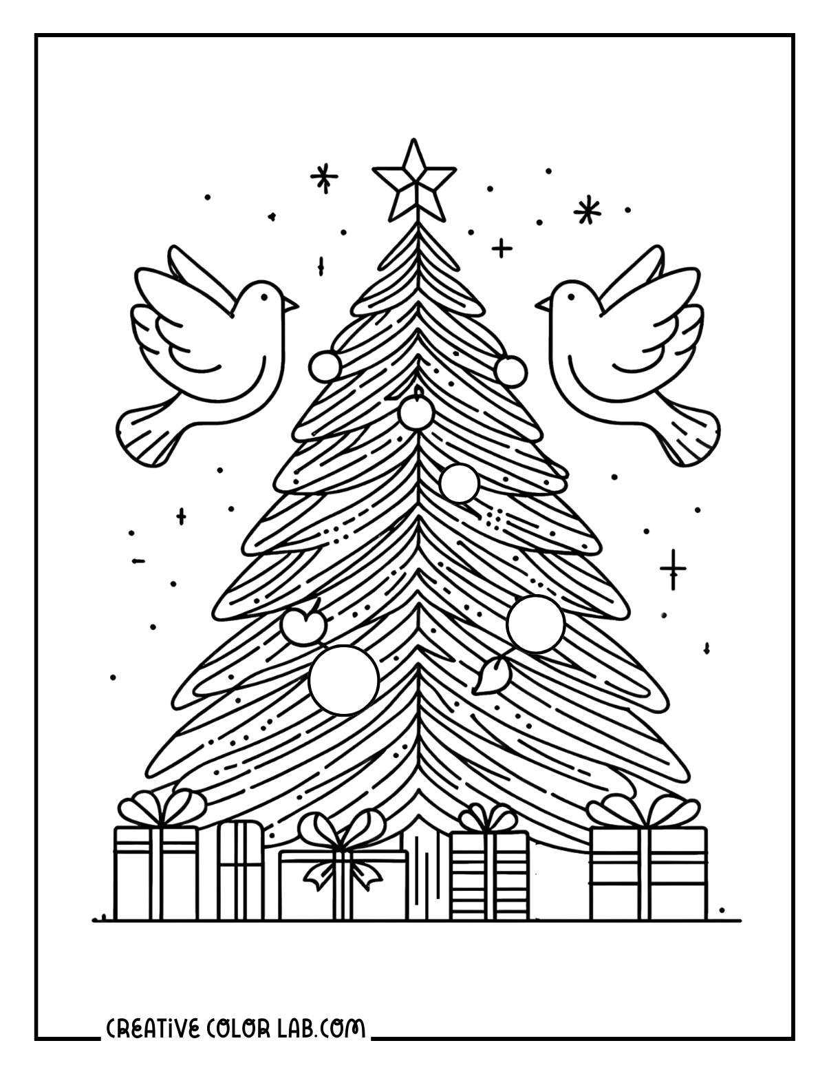 A christmas tree coloring page with presents and two doves.