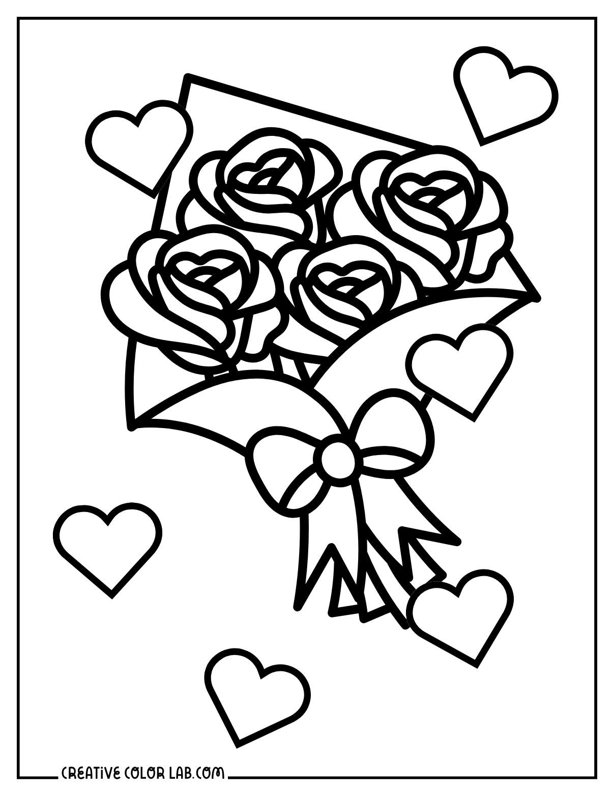 Bouquet of roses wrapped on a paper coloring page with hearts for kids.