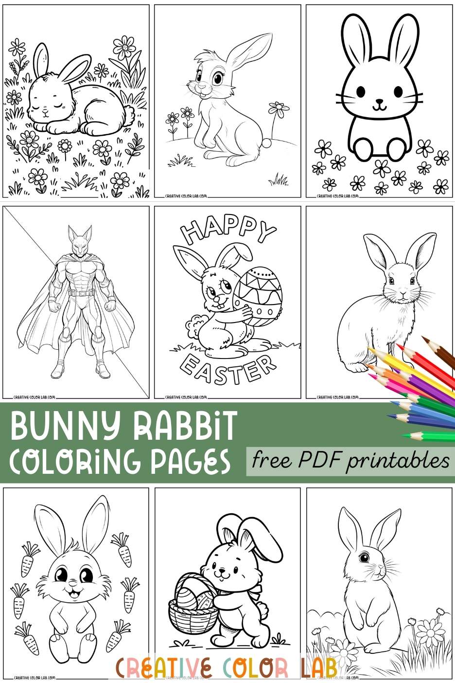 Collection of bunny rabbit coloring pages PDF to color.