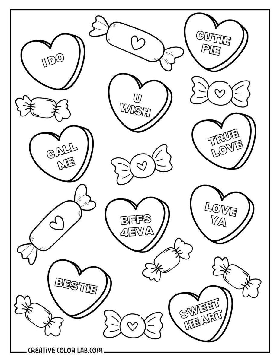 11 Candy Conversation Hearts Coloring Pages | Free PDF Printables