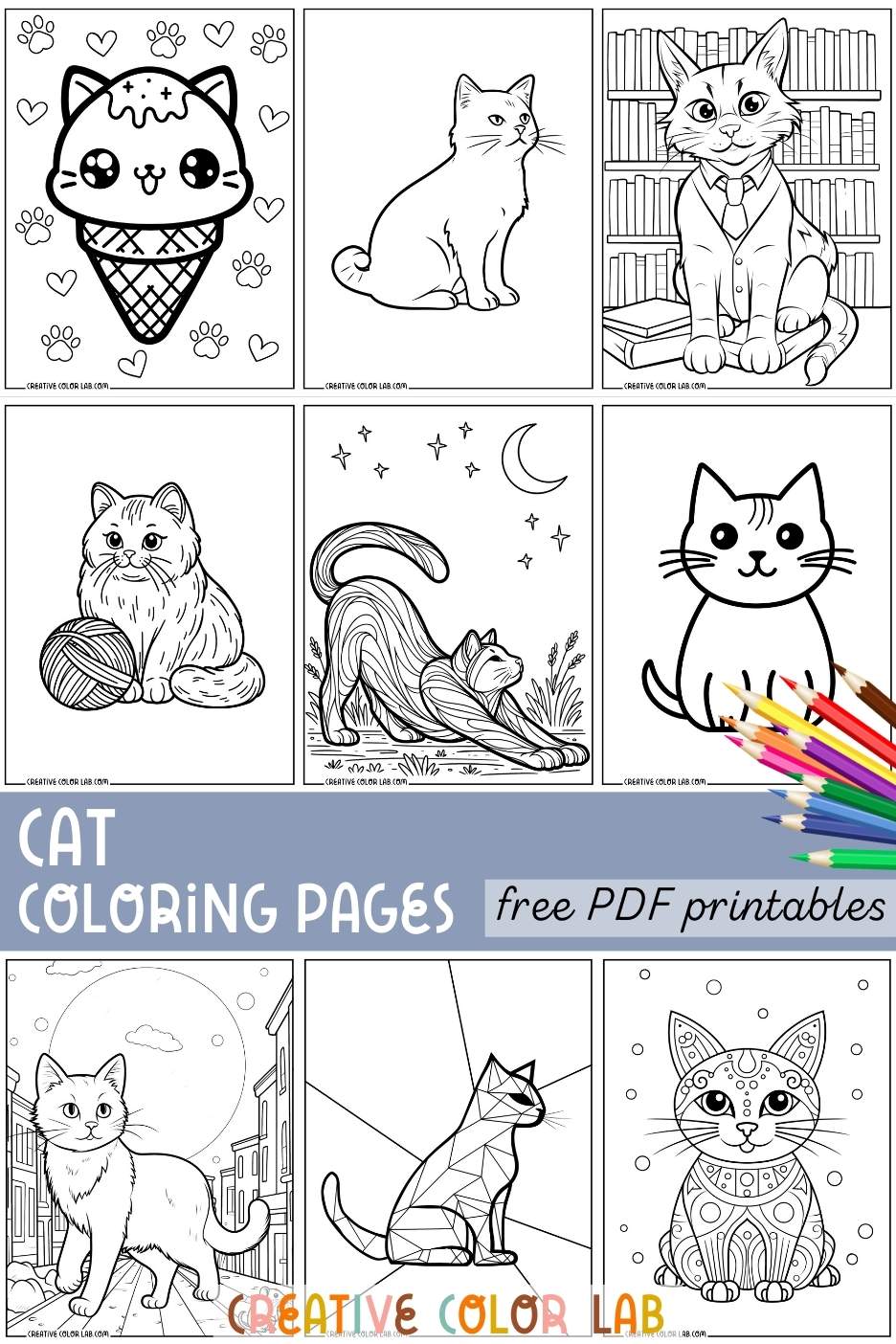 Collection of free cat coloring pages to download.