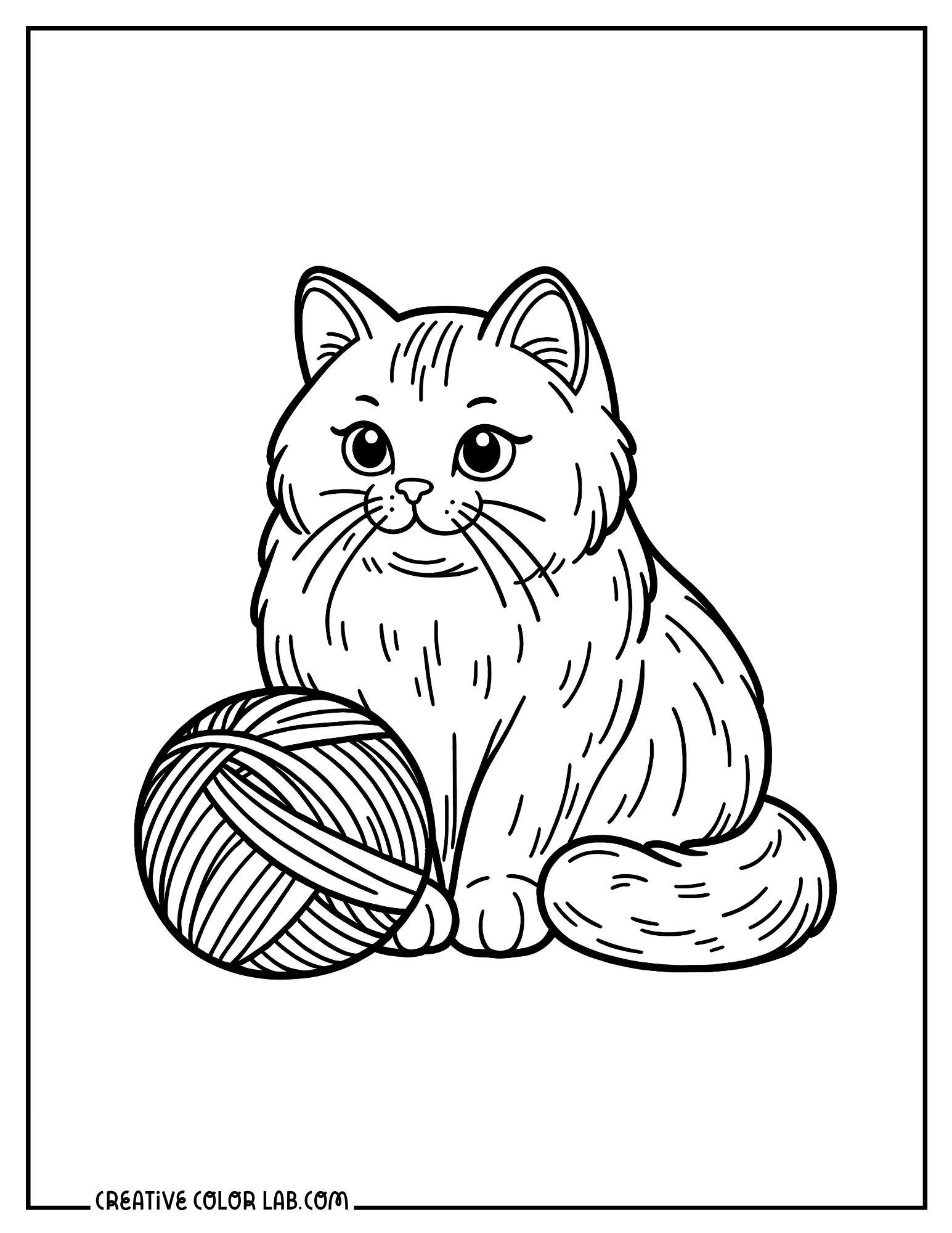 Cat with a ball of yarn coloring page.