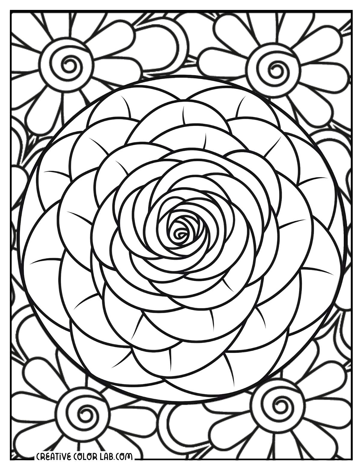 Detailed rose flower coloring page for adults.