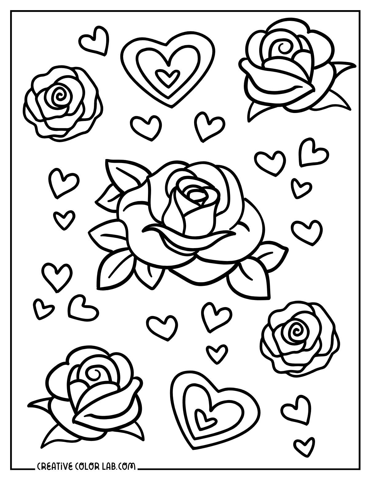 Free hearts and roses doodle to color in.