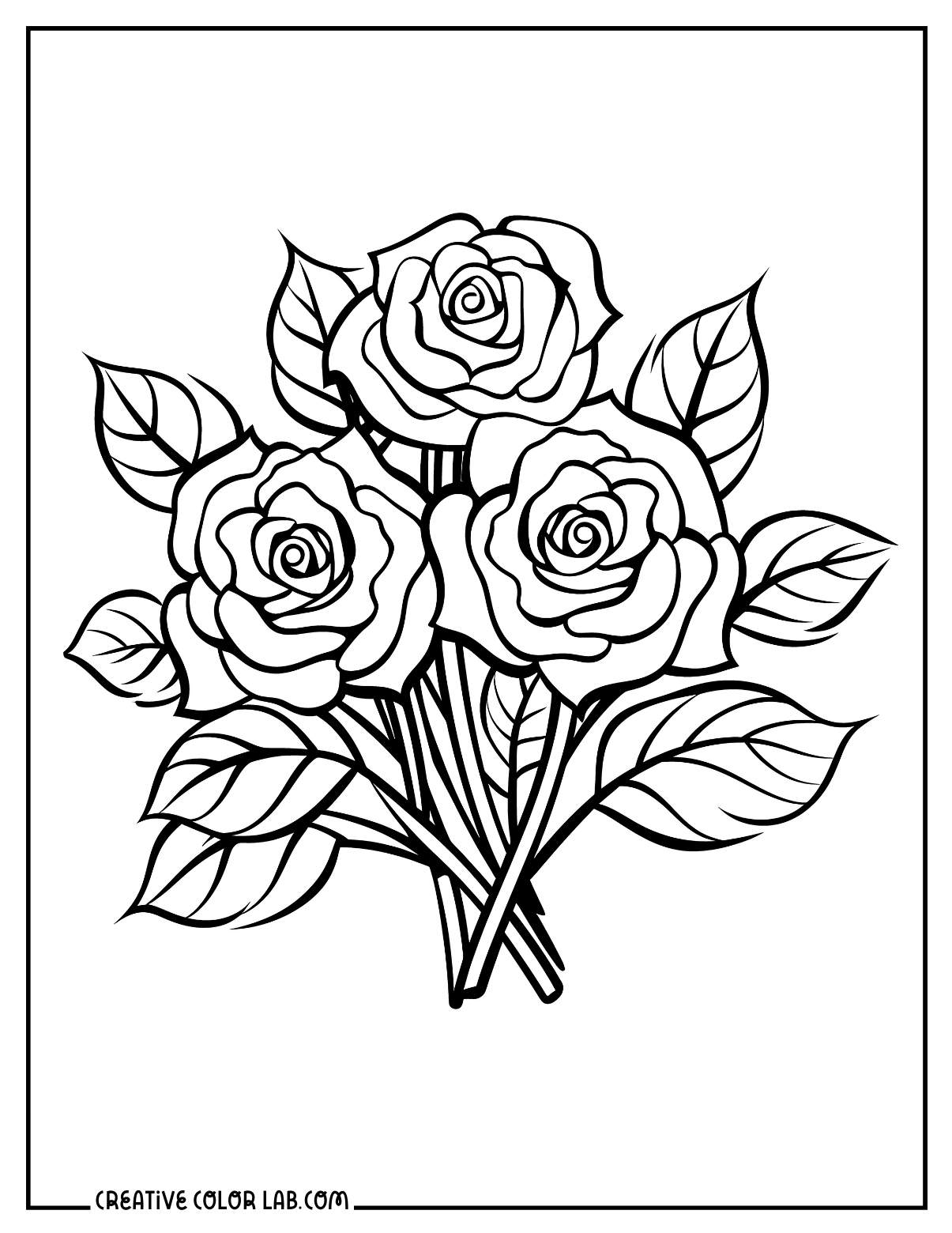 Beautiful rose bouquet coloring page with detailed illustration.