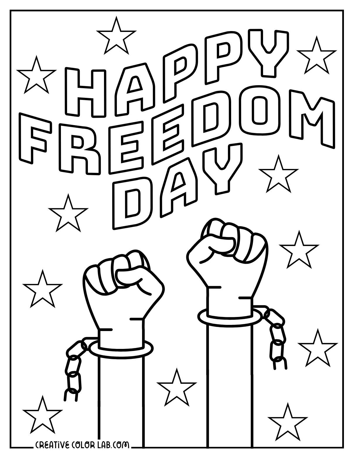 Happy freedom day Juneteenth coloring sheet of broken handcuffs.