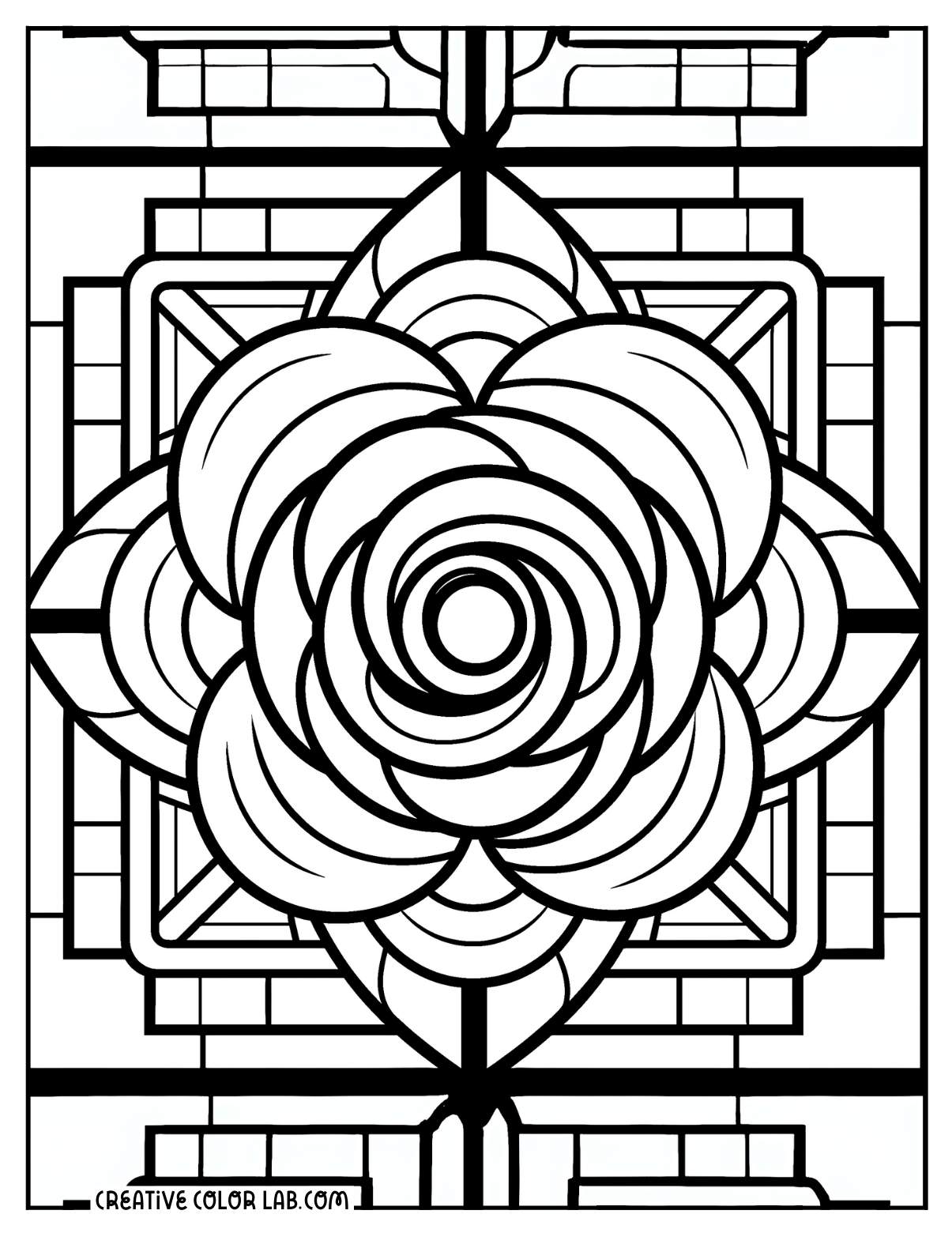 Modern geometric rose coloring page for adults.