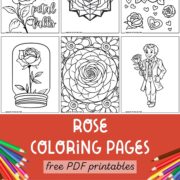 Collection of free PDF rose coloring pages.