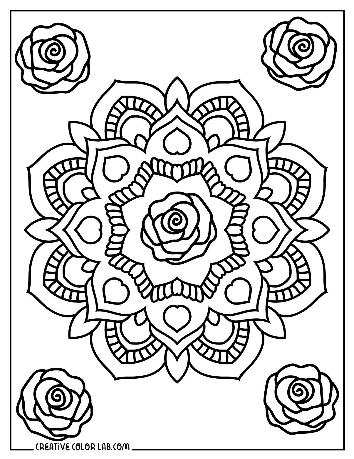 Rose mandala coloring page for adults.