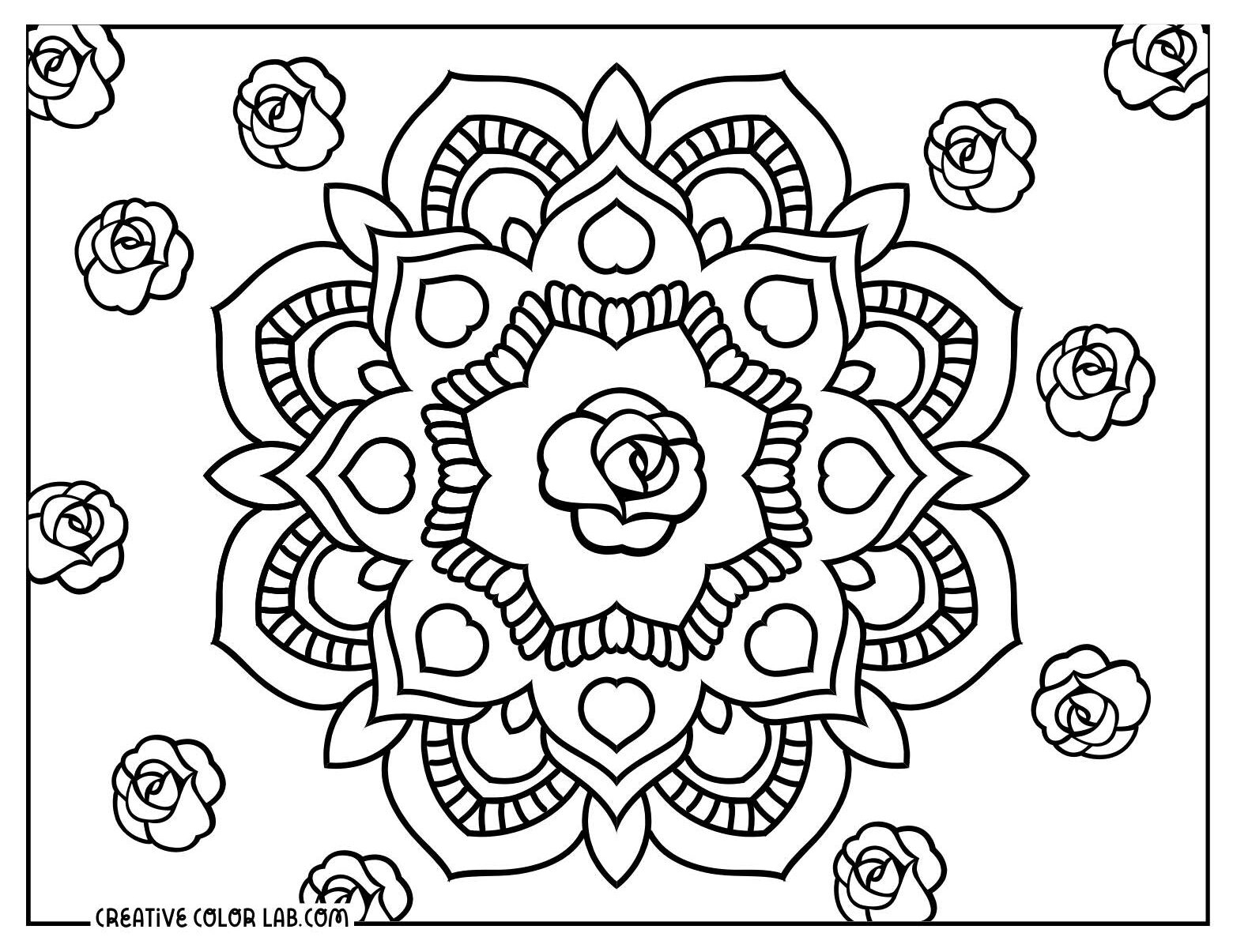 Rose mandala coloring sheet with intricate designs for adults.