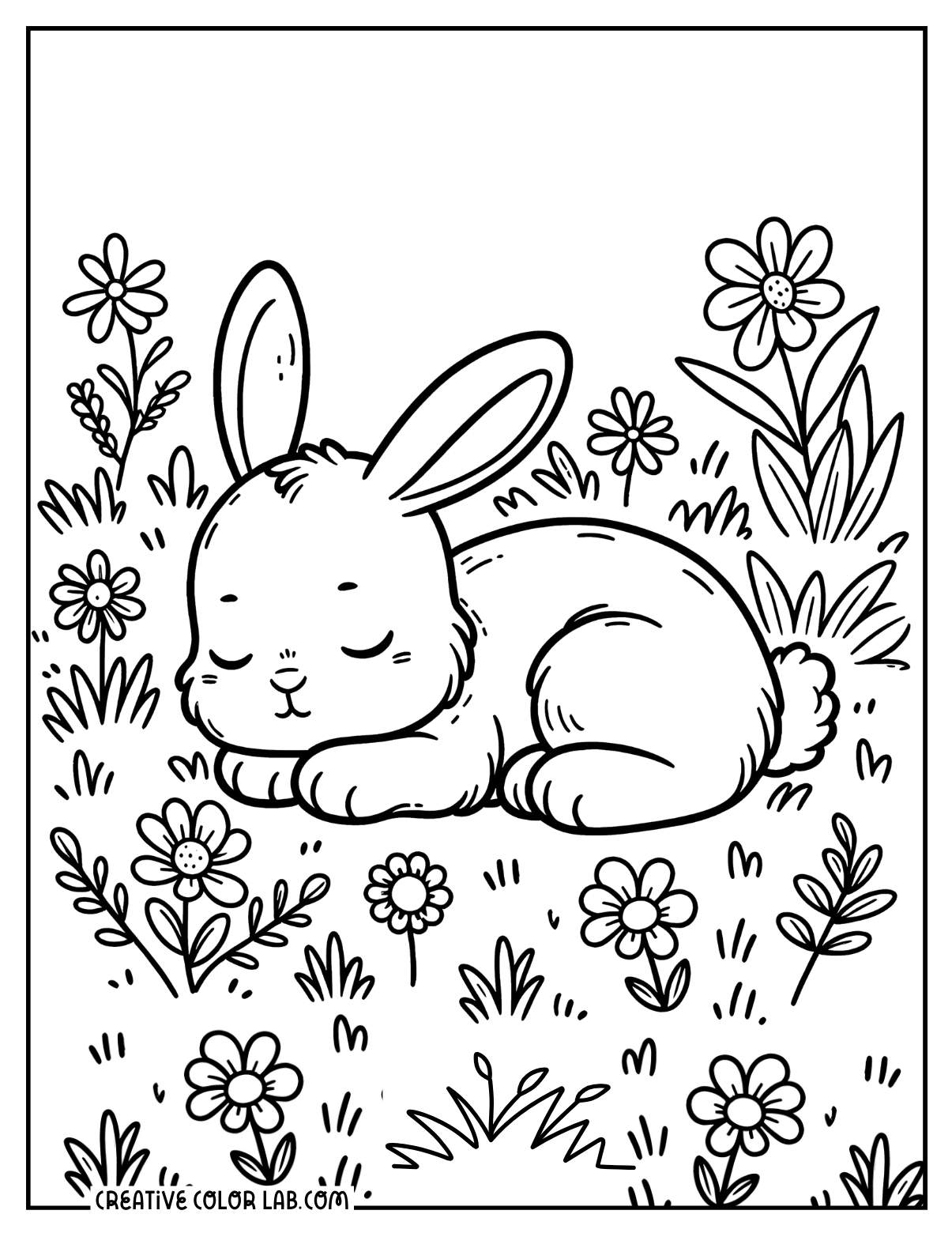 Sleeping bunny coloring page on a field of flowers.