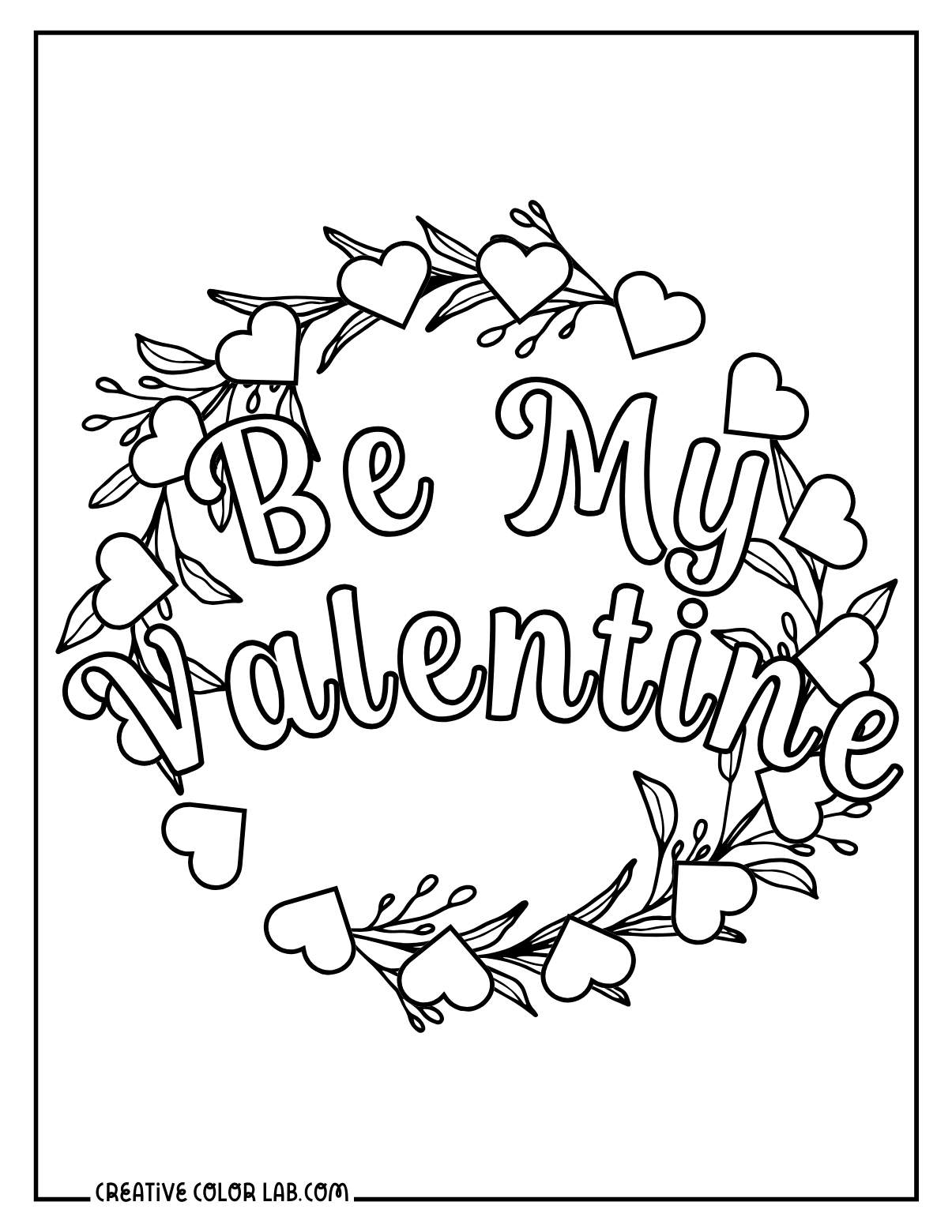 Detailed valentine heart wreath coloring page for adults.