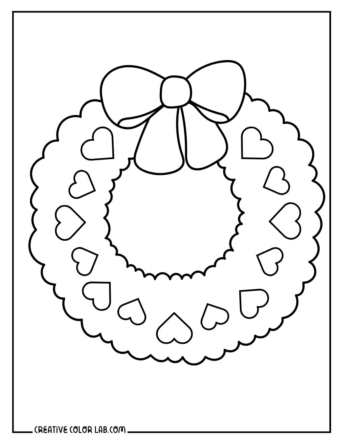 Valentines wreath with lots of hearts coloring page for preschool.