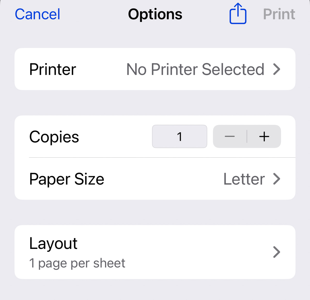 Printer settings on an iPhone.