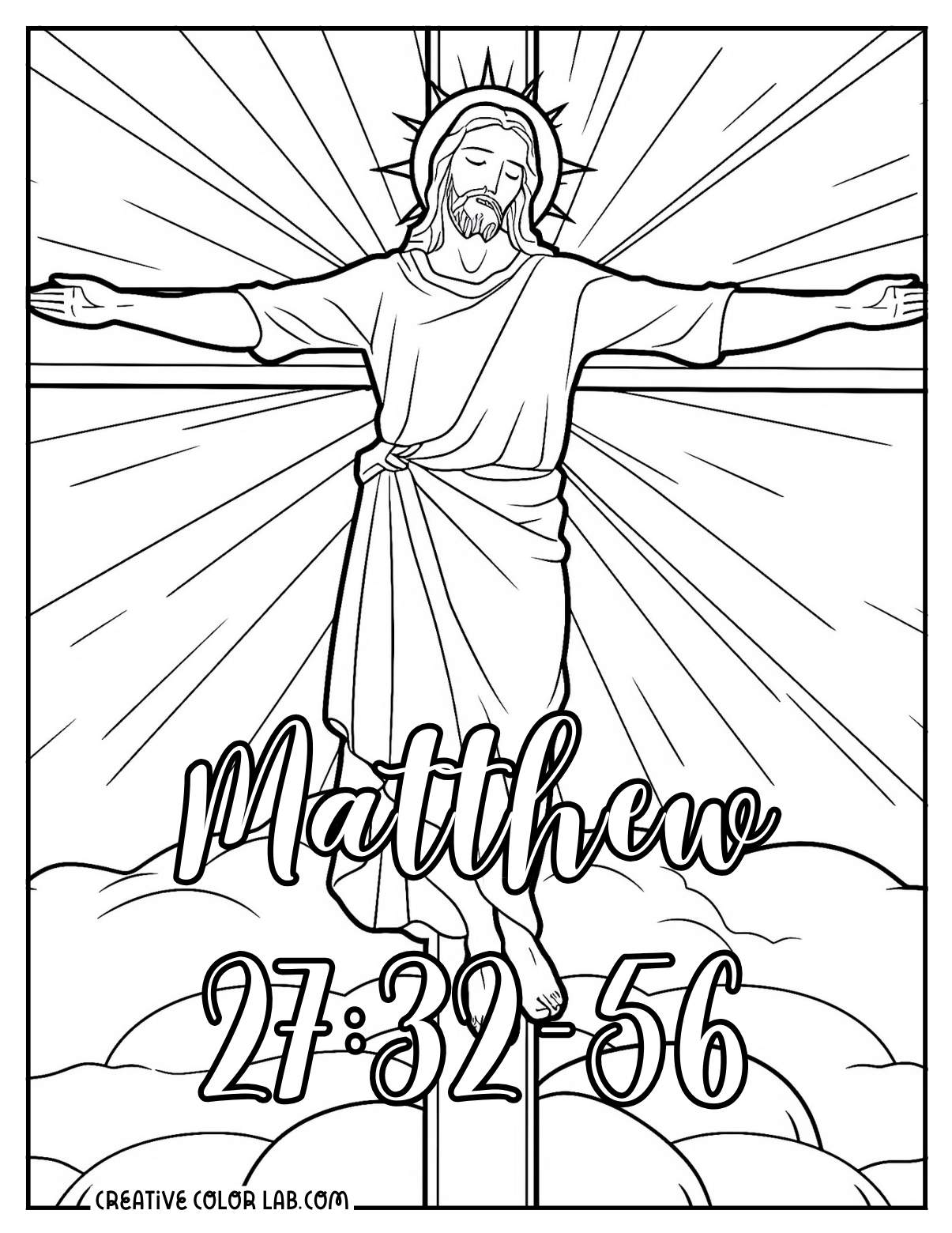 Crucifixion of Jesus coloring sheet of Matthew 27:32-56.