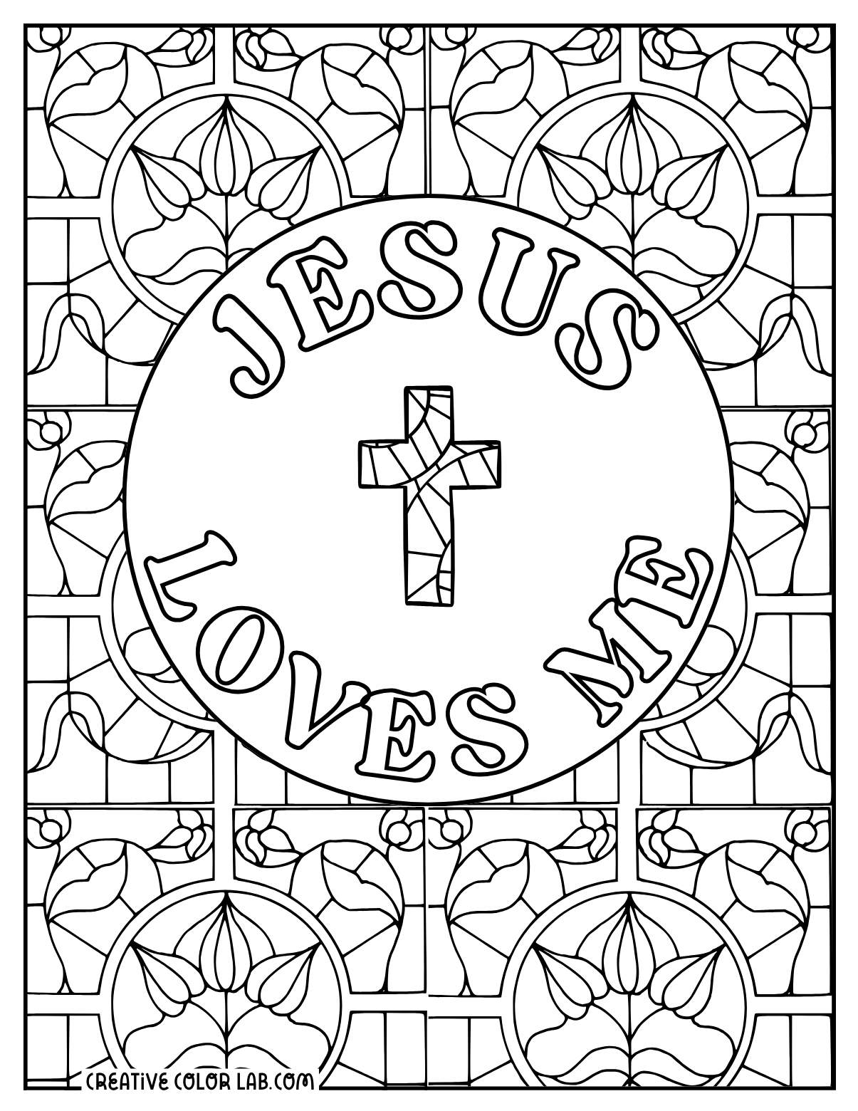 Detailed Jesus loves me stained glass coloring page for adults.