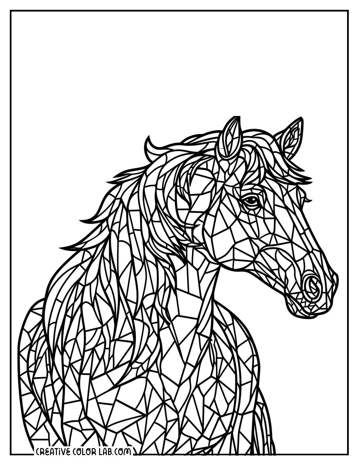 Detailed mosaic horse coloring sheet for adults.