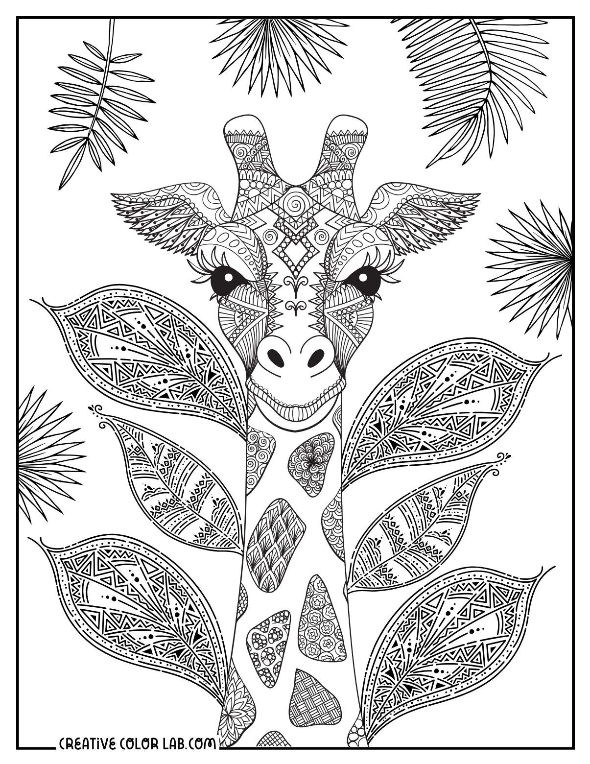 Detailed zentangle giraffe coloring sheet for adults.