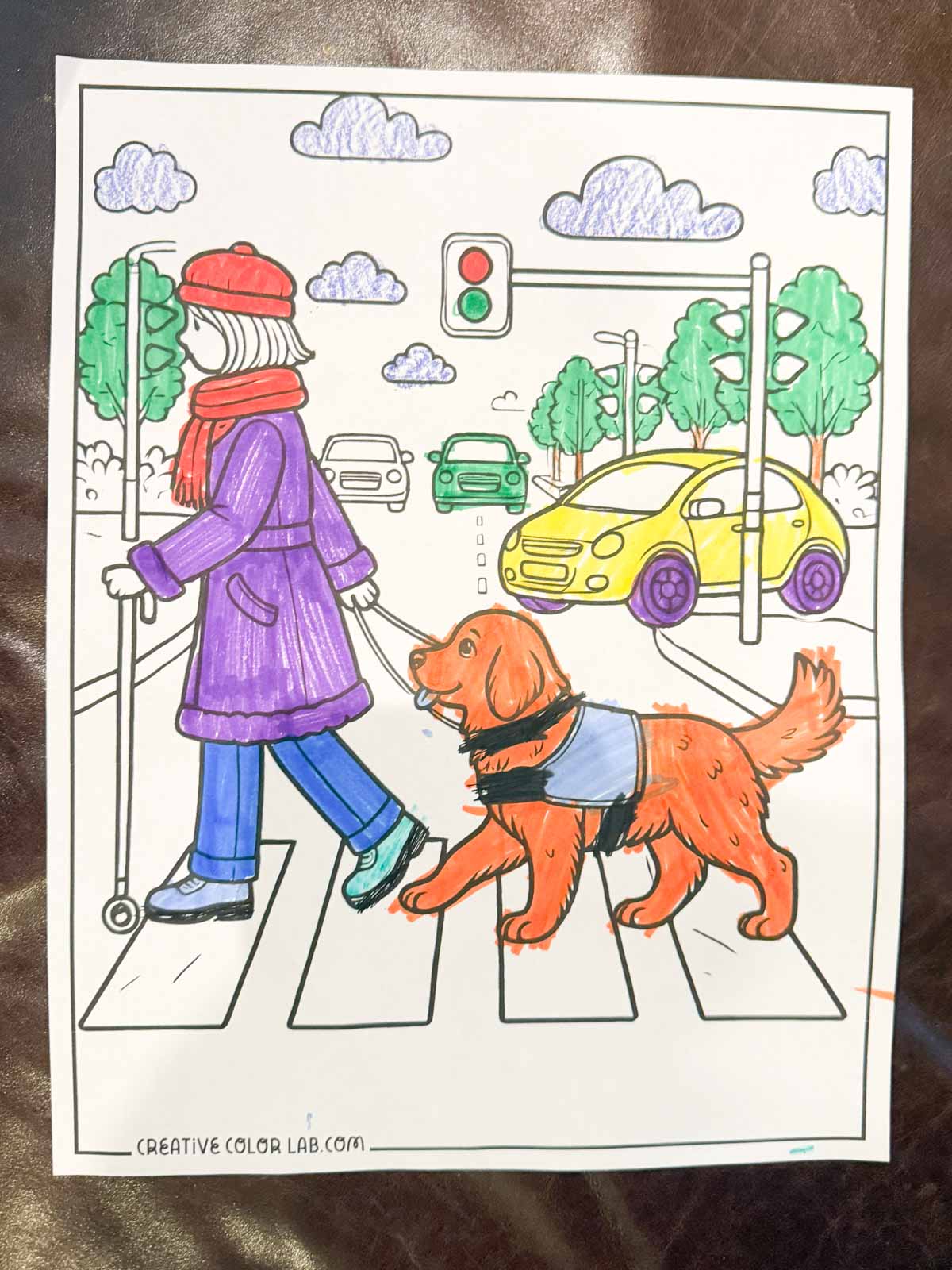 A finished dog walking with a human coloring page.