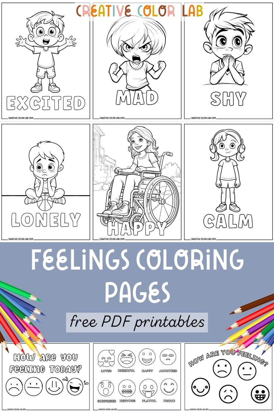 Collection of feelings coloring pages to download.