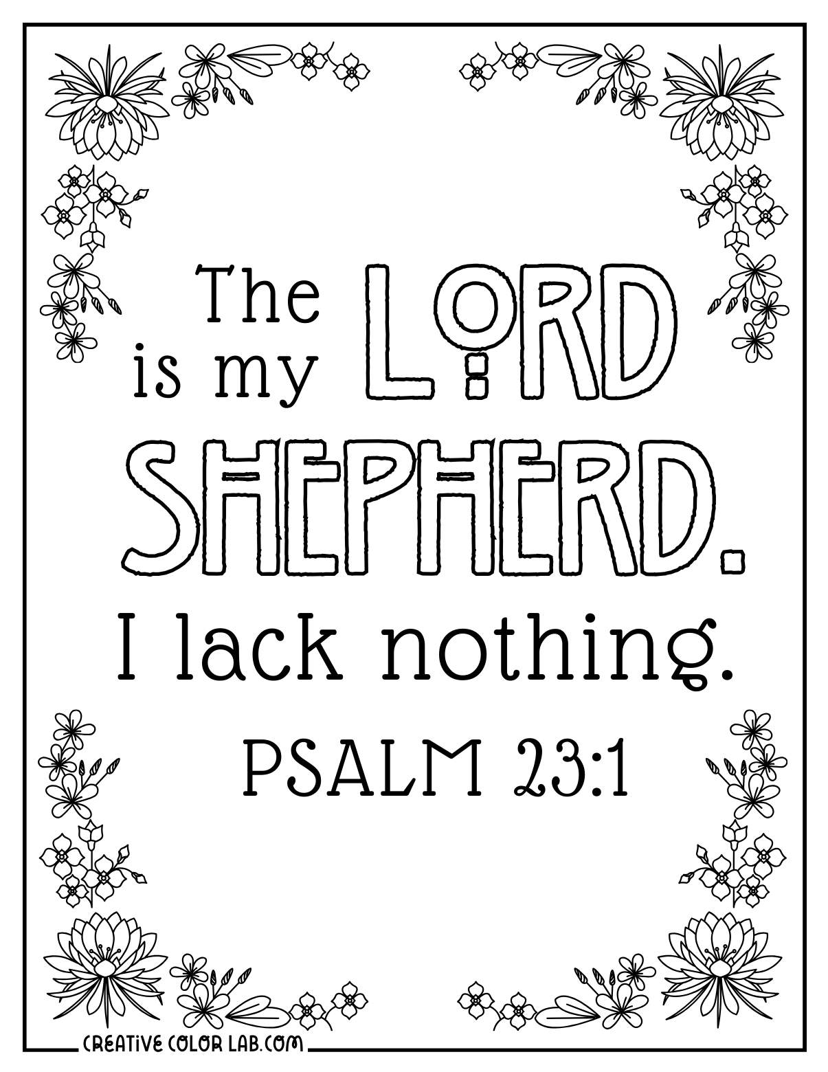 Floral bible verse coloring page about Psalm 23:1.