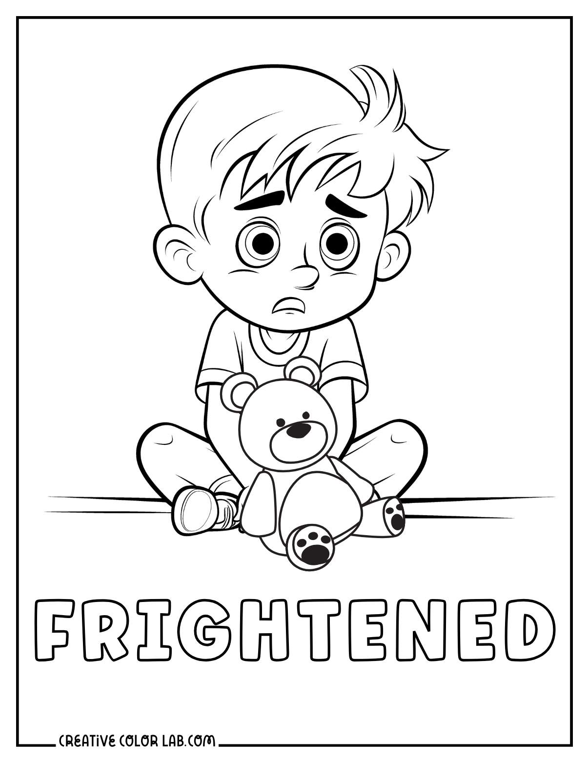 Emotions showing frightened coloring sheet for kids.