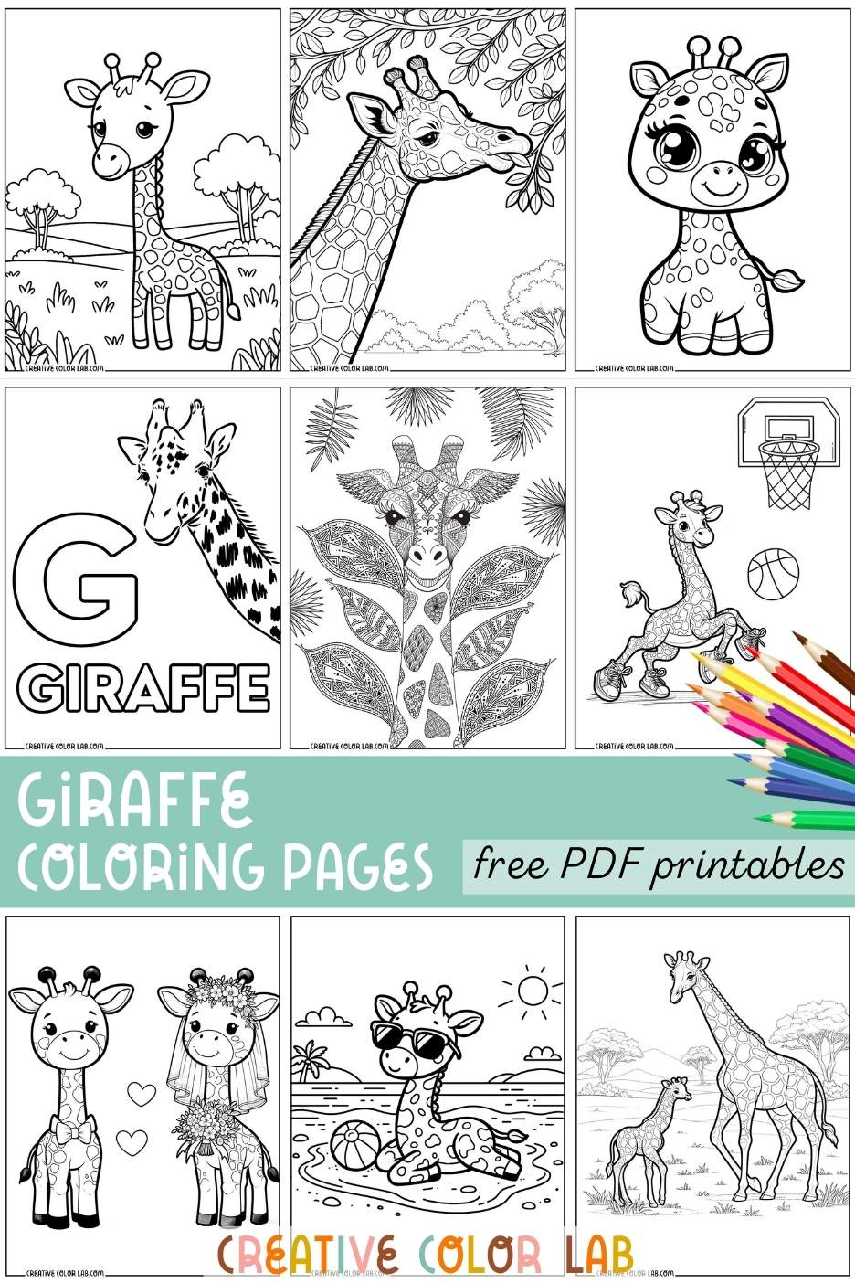 Collection of free printable giraffe coloring pages.