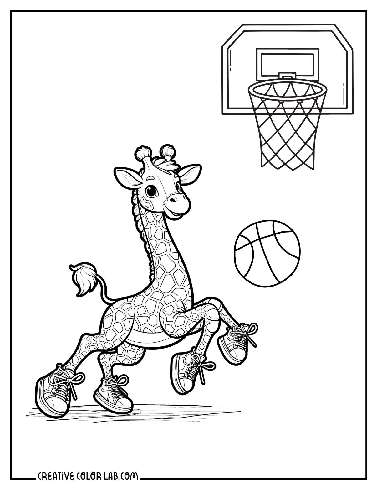 Giraffe playing basketball coloring sheet.