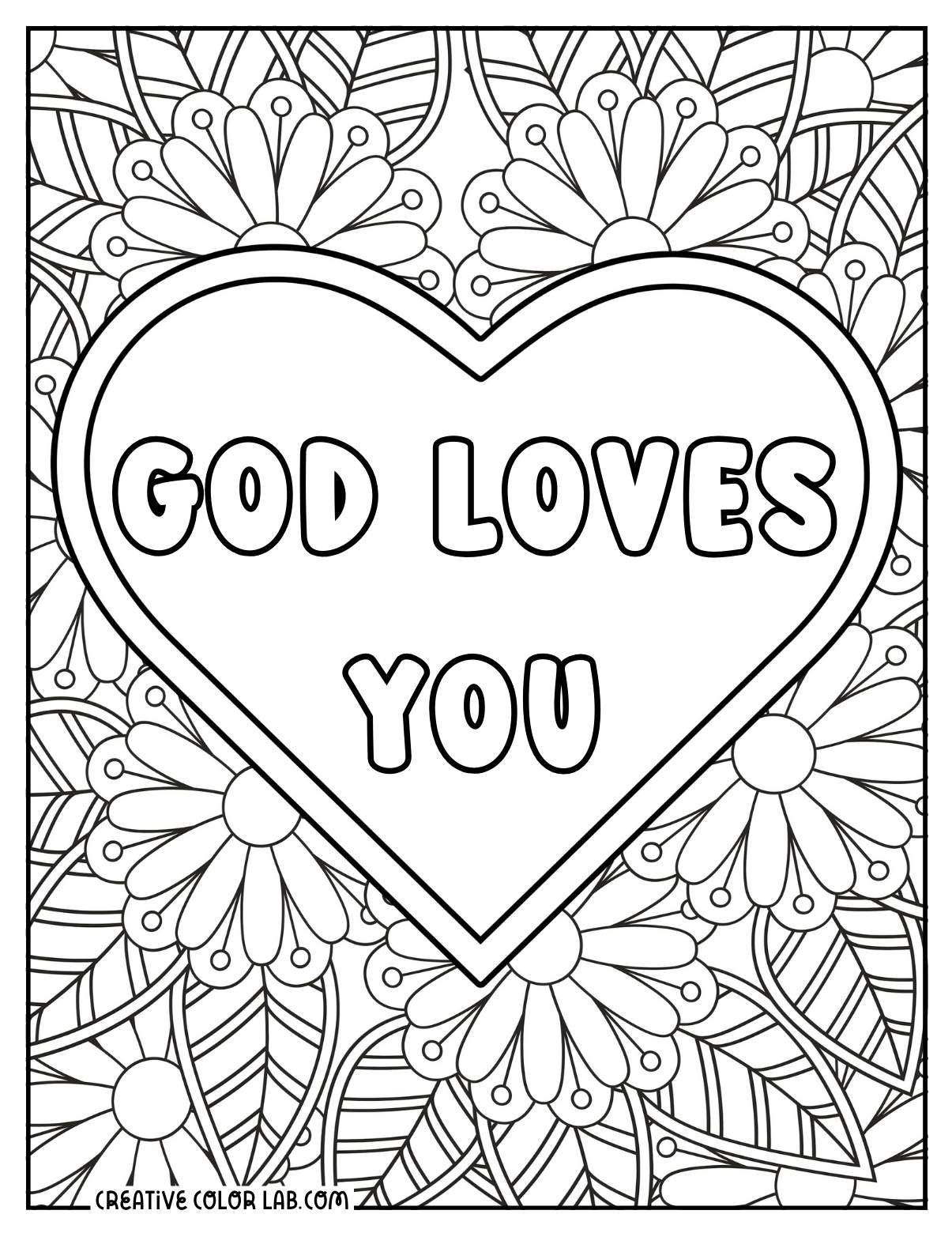 Detailed god loves you coloring page for adults.