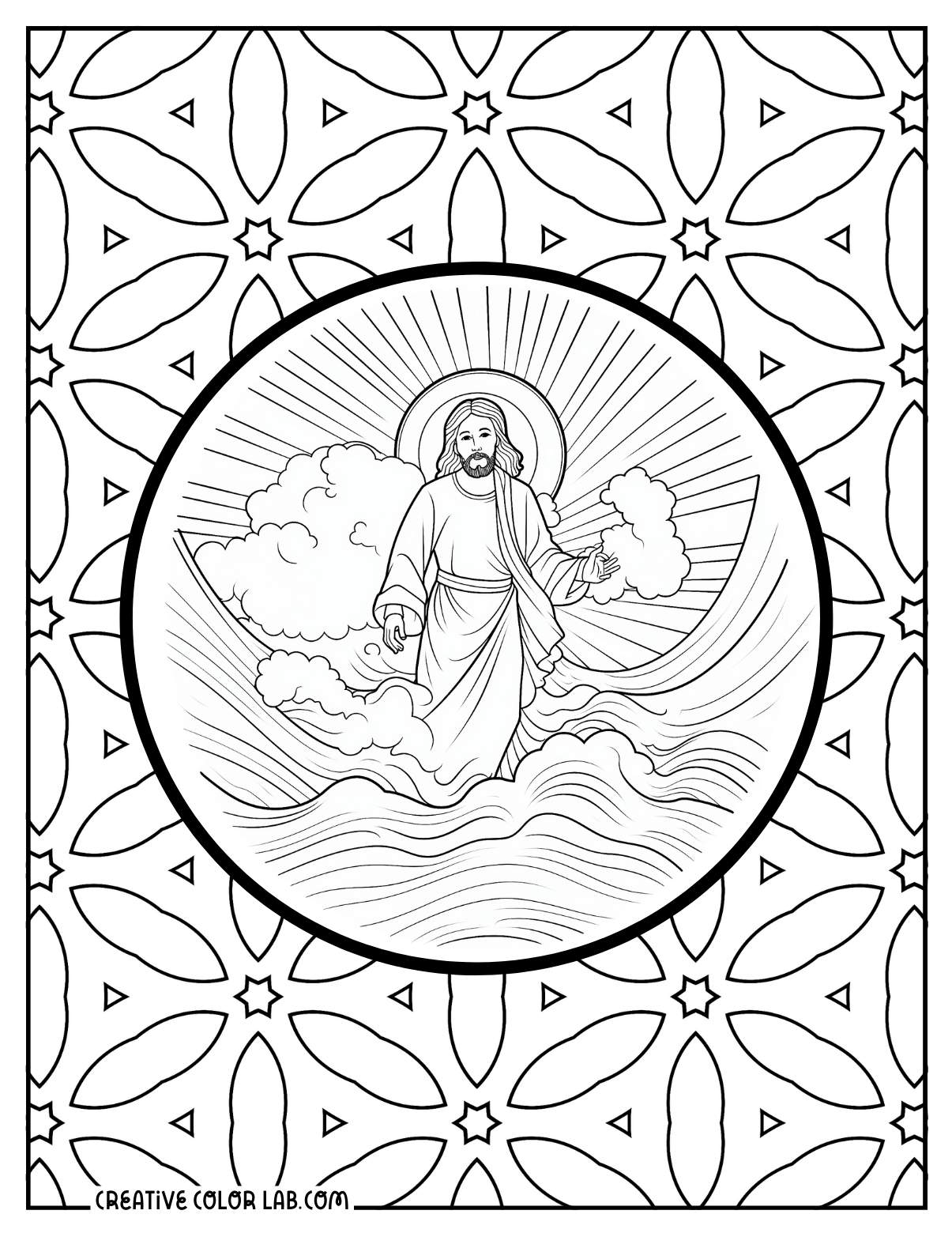 Detailed god save us from the storm mosaic coloring page for adults.