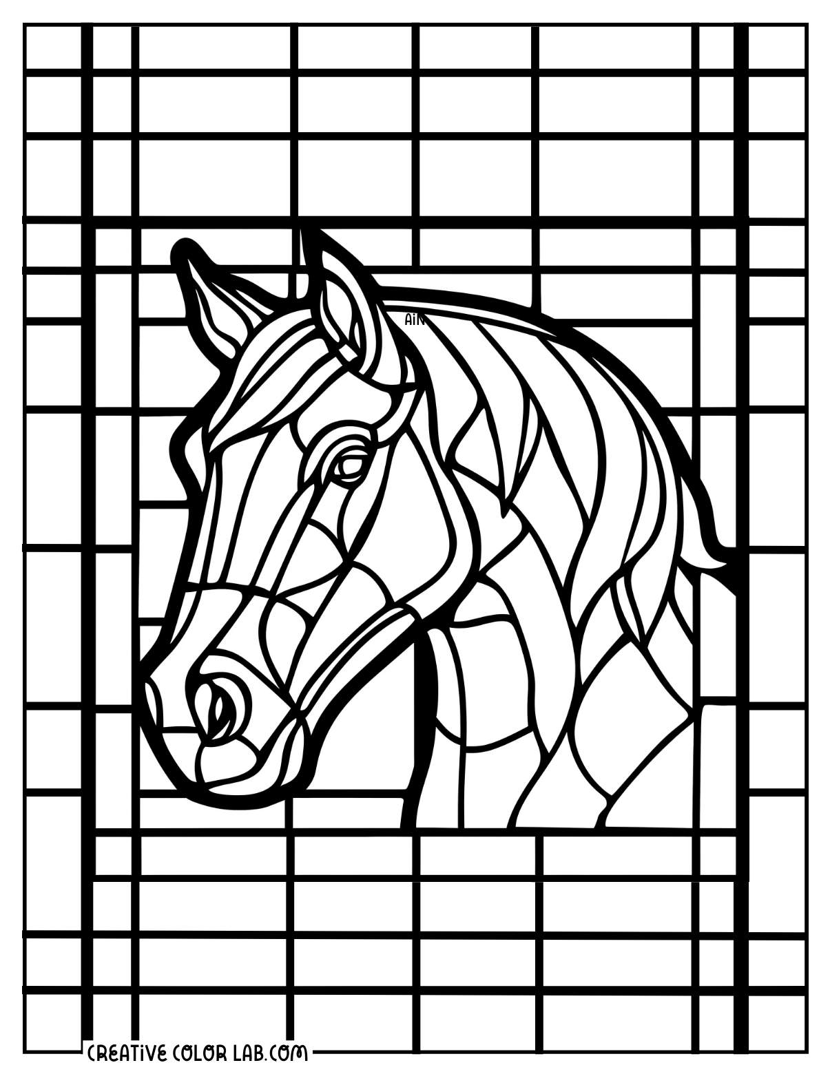 Stained glass horse portrait line art to color.