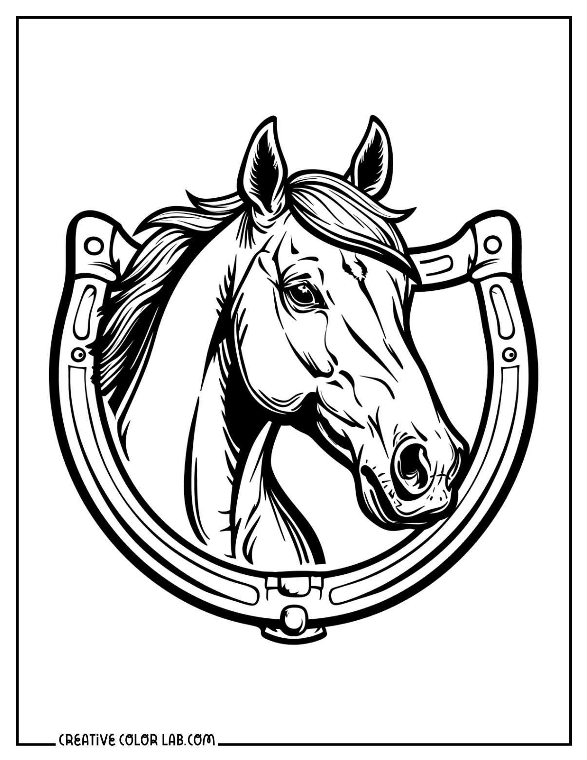 Horse with horse shoe coloring page.