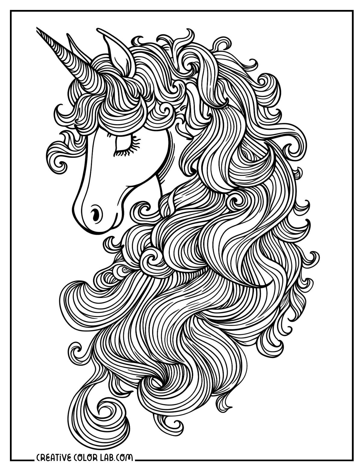 Horse with unicorn horn coloring page for adults.