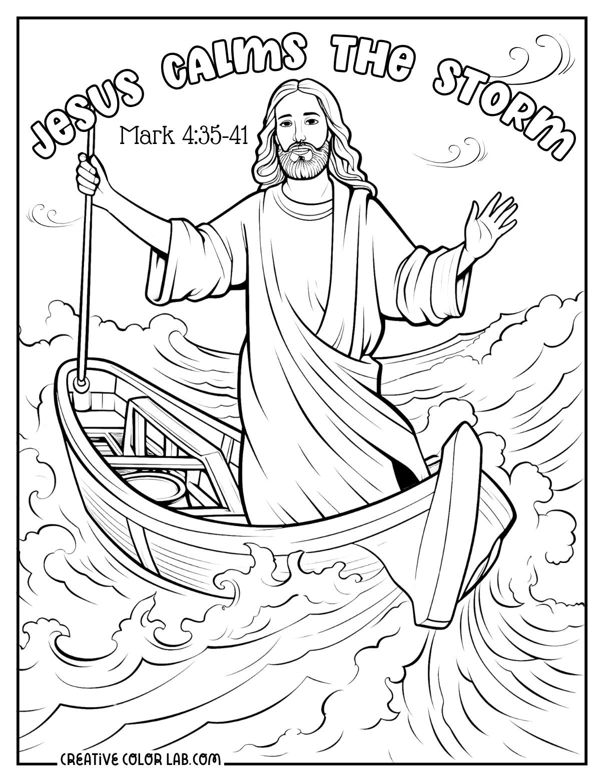 Jesus calms the storm coloring page of Mark 4:35-41.