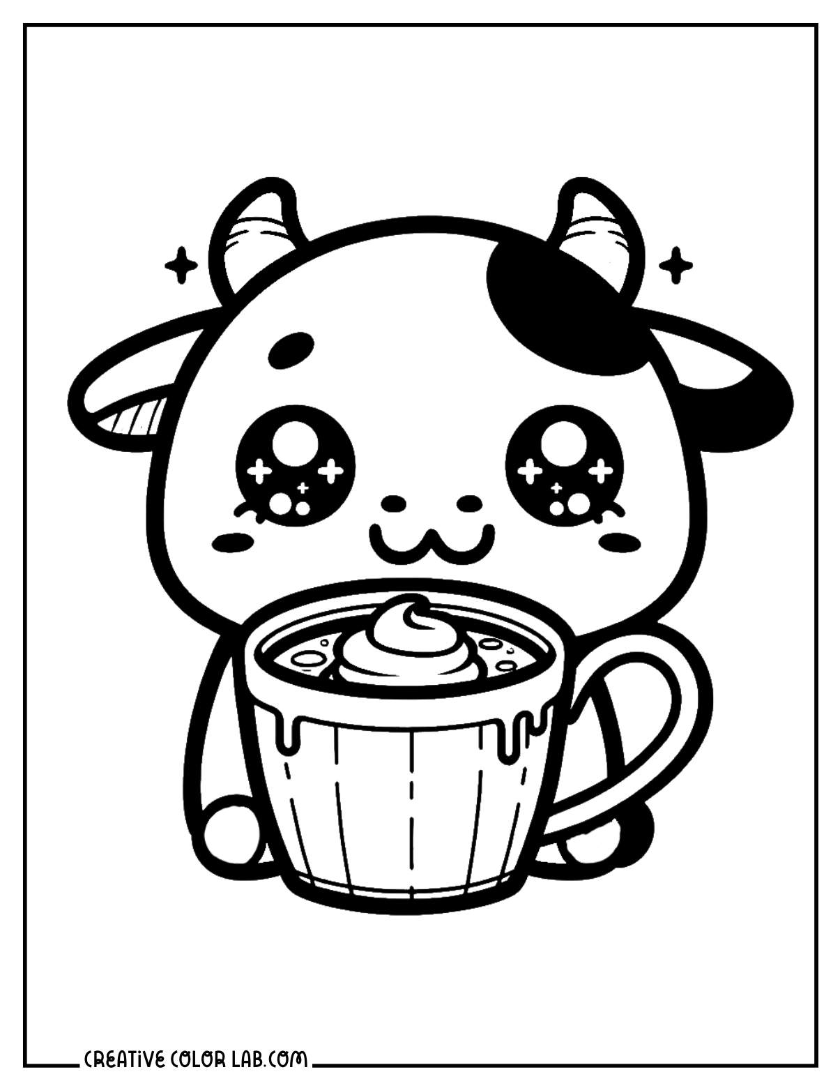 Kawaii cow drinking hot chocolate coloring page for kids.