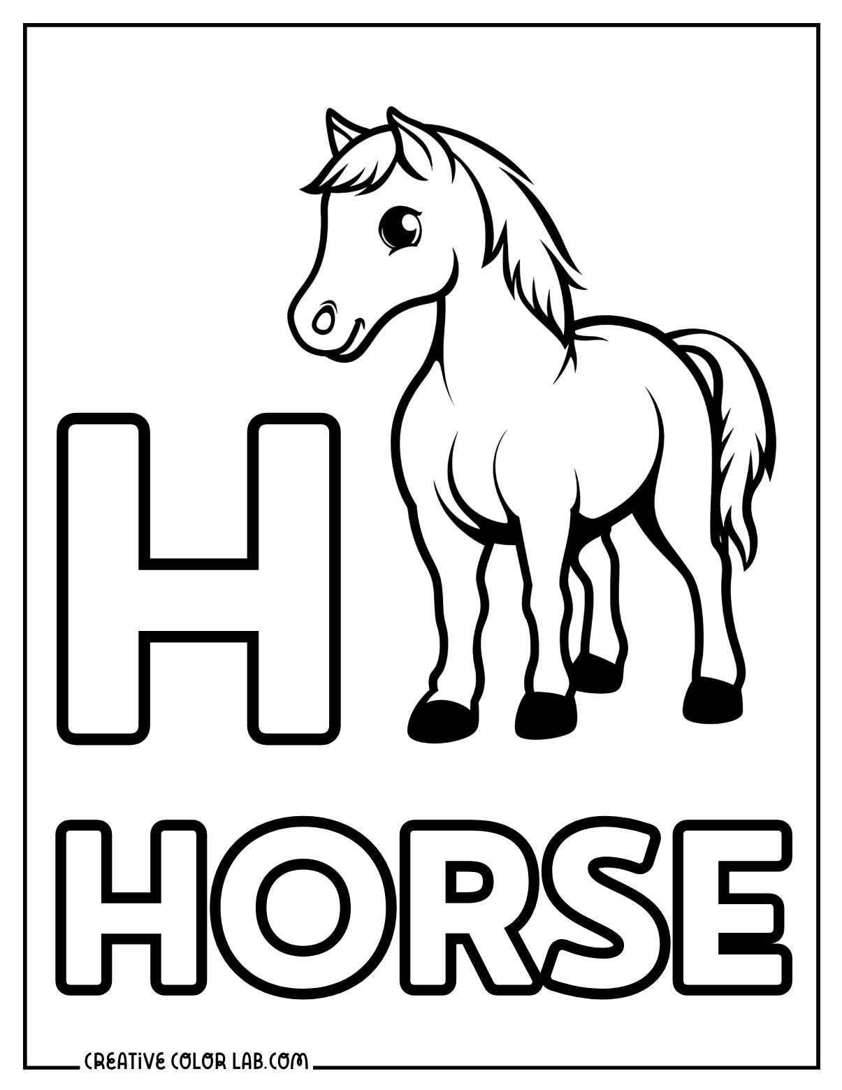 Letter h for horse coloring page for kindergarten.