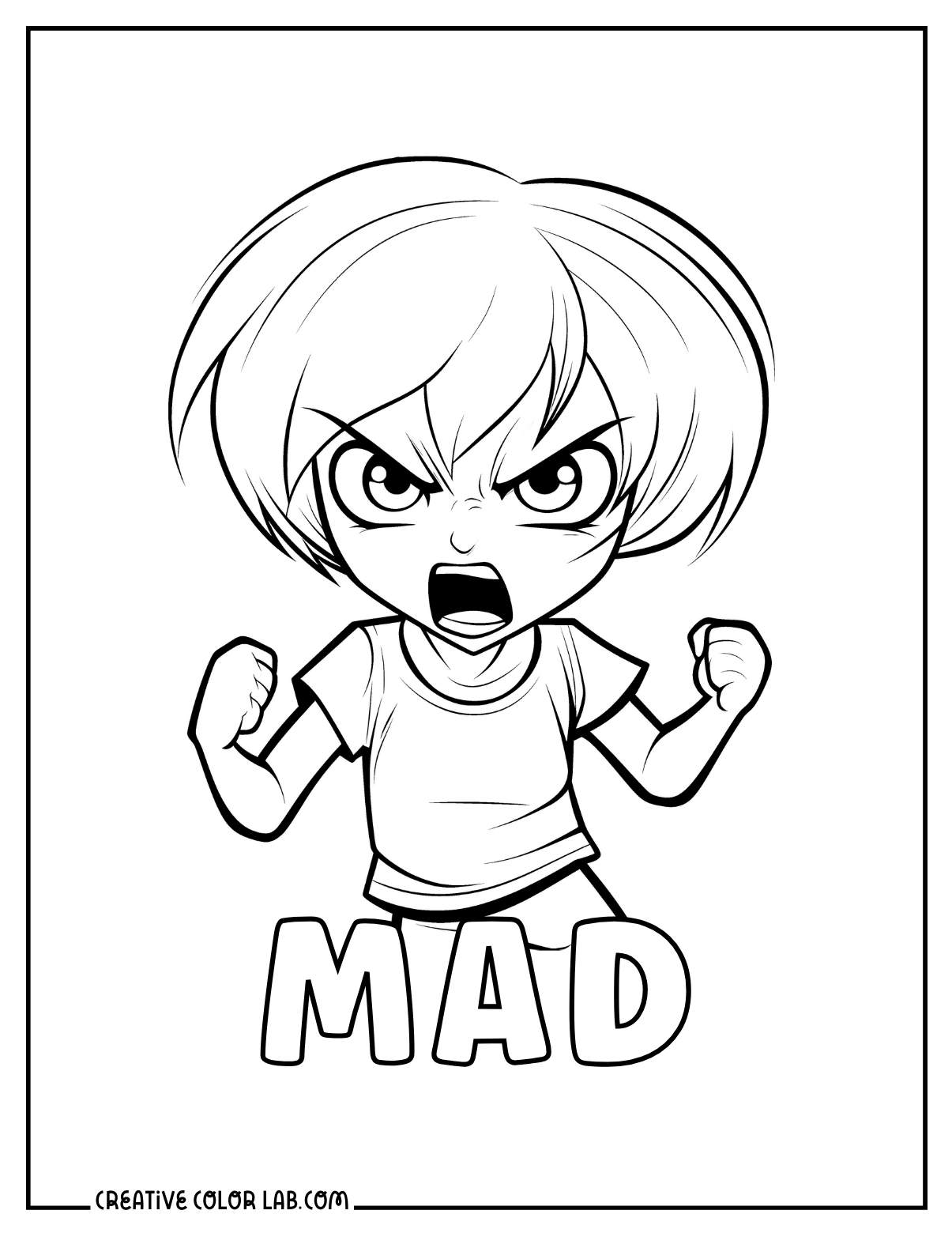 Mad feelings expression coloring page.