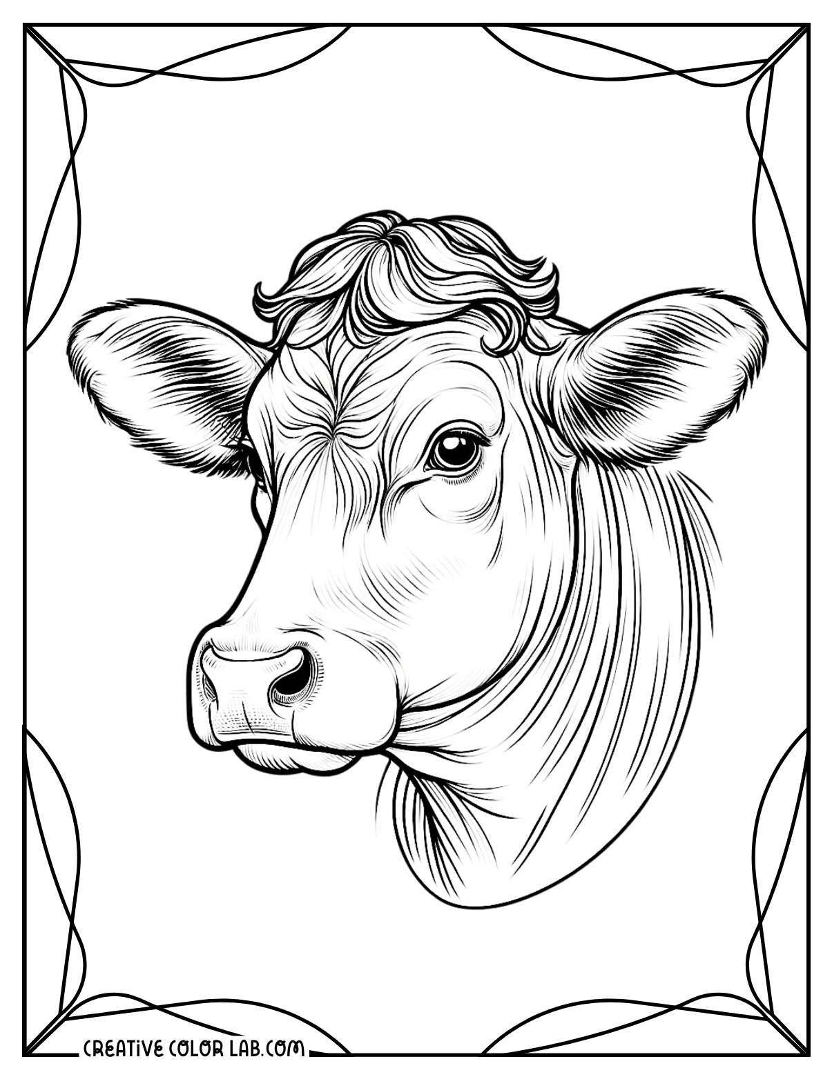 Realistic dairy cow head picture to color.