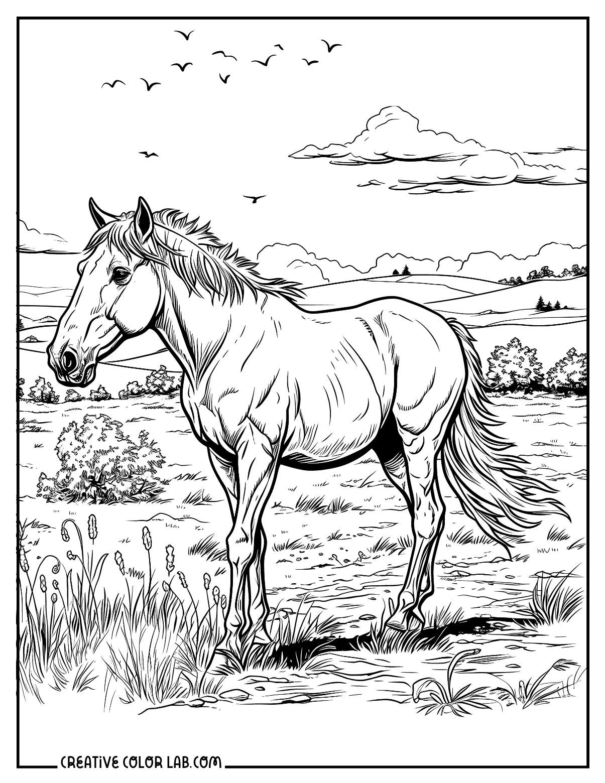 Realistic horse in a field coloring page.