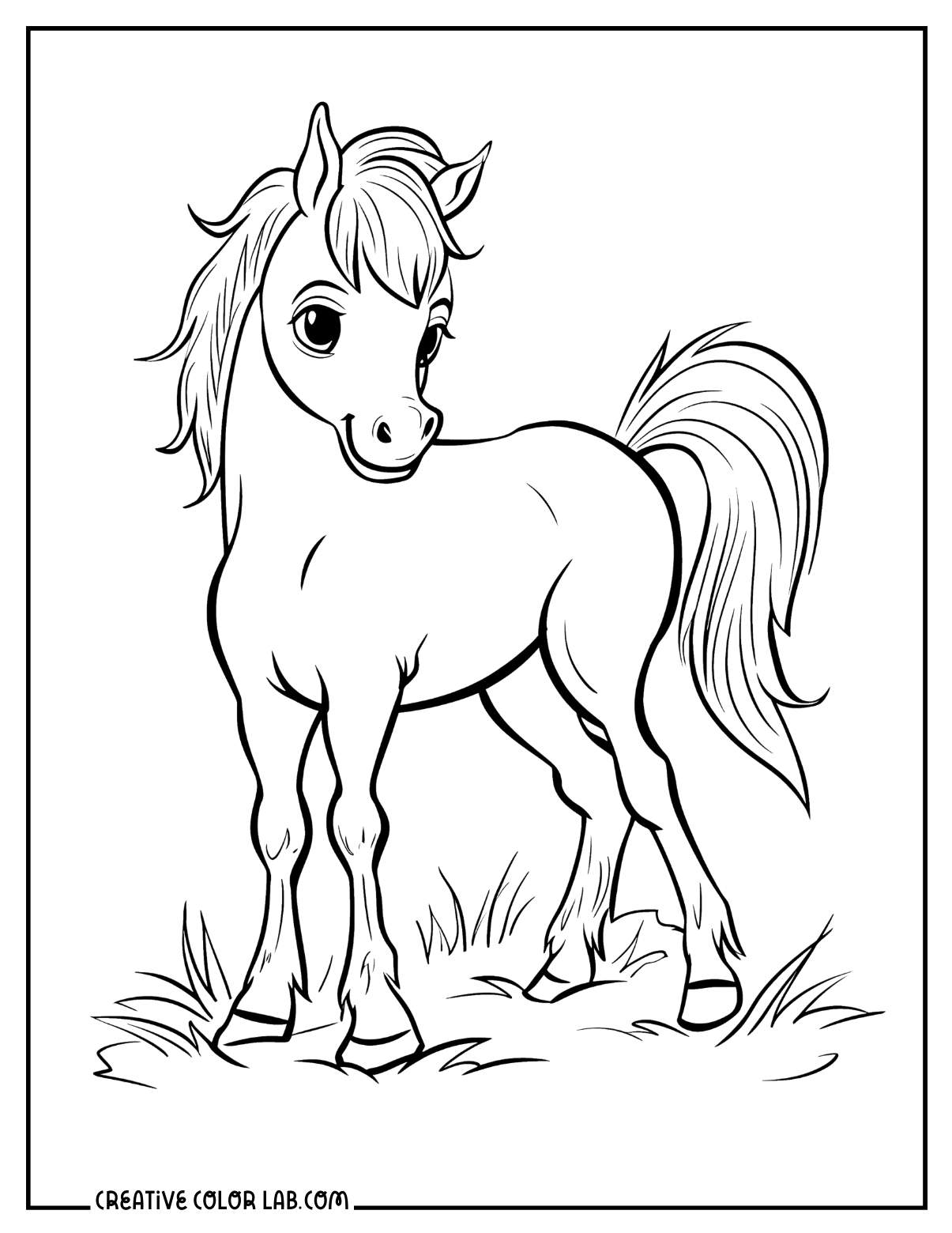 Simple baby horse outline to color for preschool.