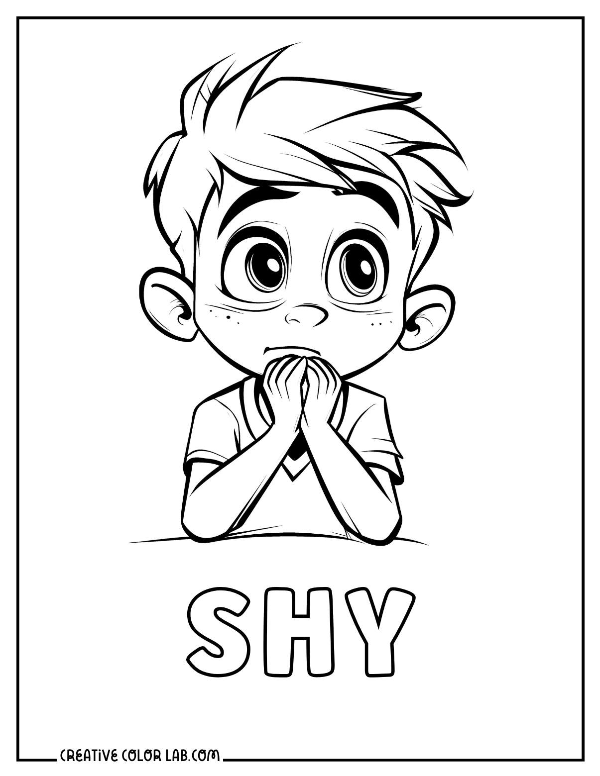 Little boy feeling shy coloring page.