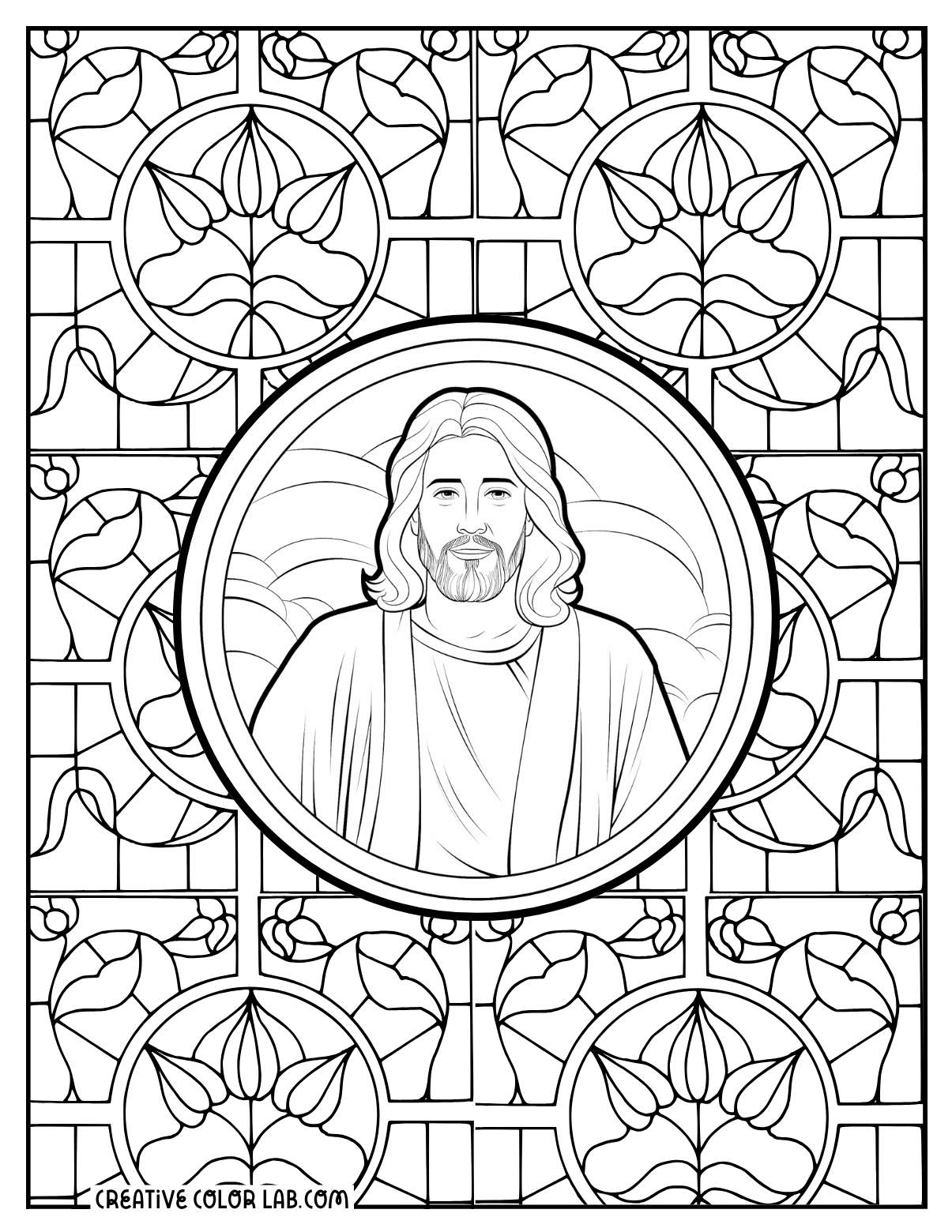 Detailed stained glass image of Jesus coloring page for adults.