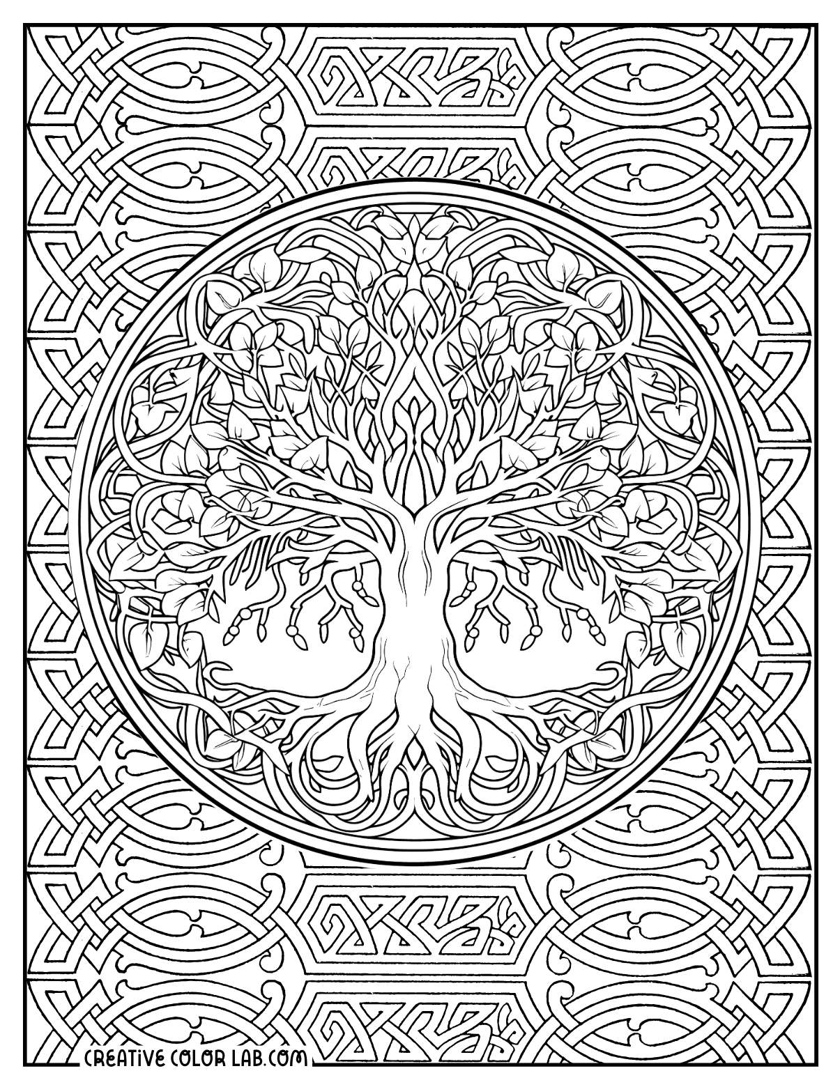 Detailed Celtic tree of life coloring page for adults.