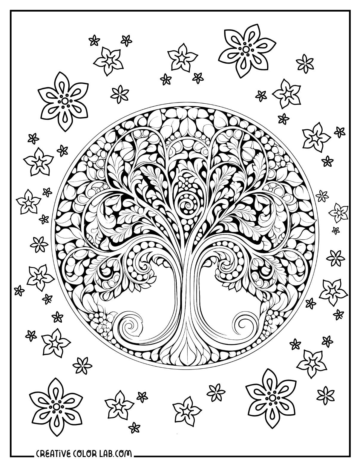 Beautiful tree of life coloring page for adults.