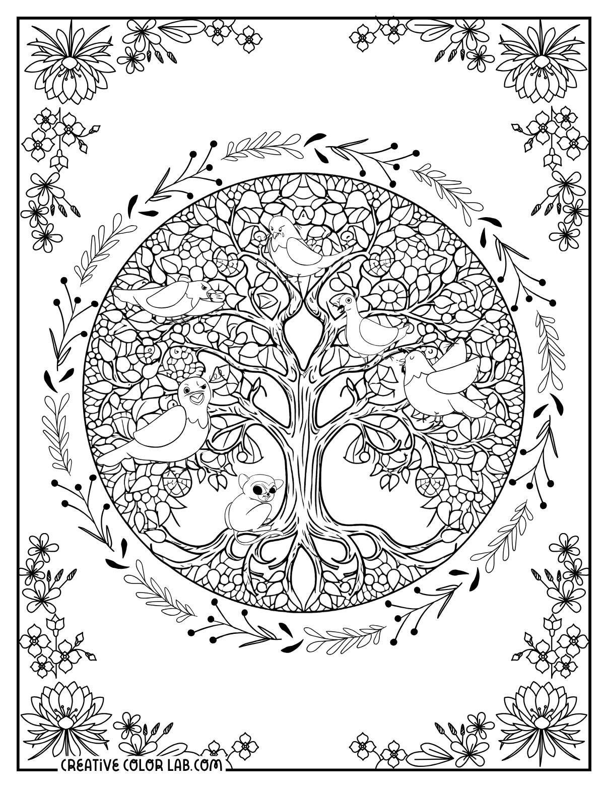 Folk art tree of life coloring sheet for adults.