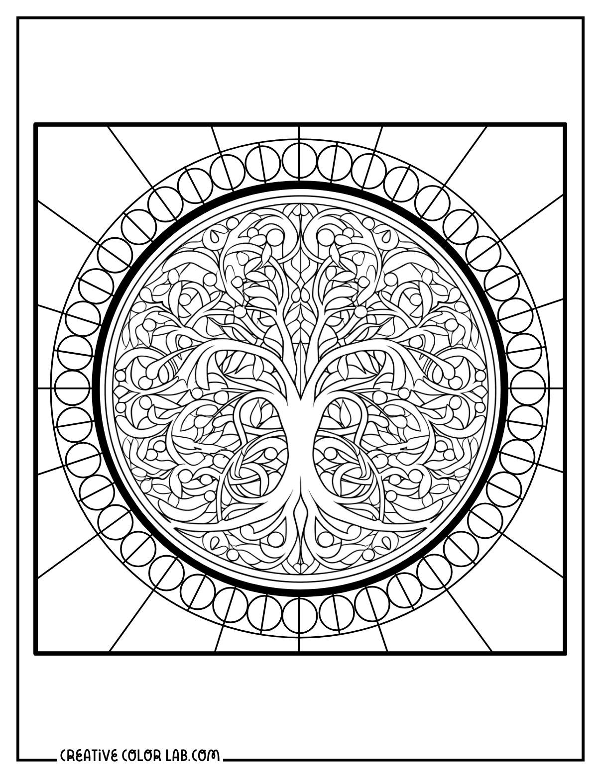 Symmetrical tree of life coloring page for adults.