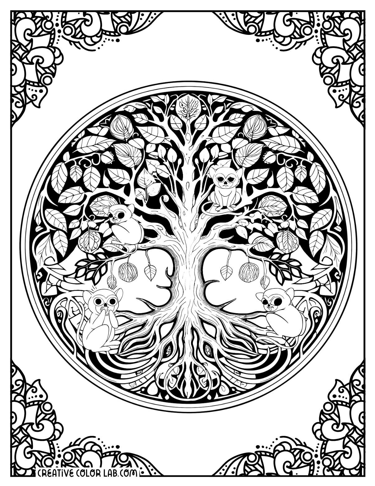 Unique tree of life coloring page with animals.