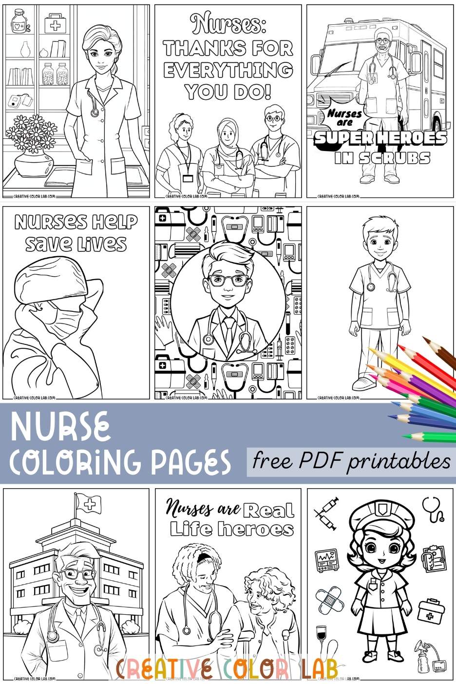 Collection of free printable nurse coloring pages.